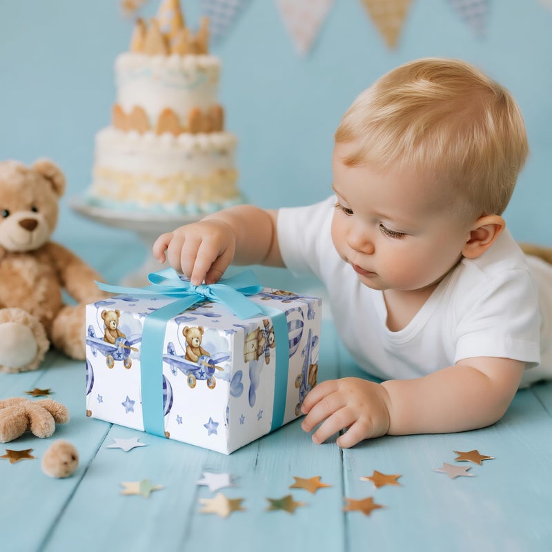 LeZakaa Baby Bear Wrapping Paper Roll, Blue Teddy Bear in Hot Air Balloon Design for Baby Boy Birthday, Baby Shower, Mini Roll, 17 inches x 9.8 Feet - Image 4