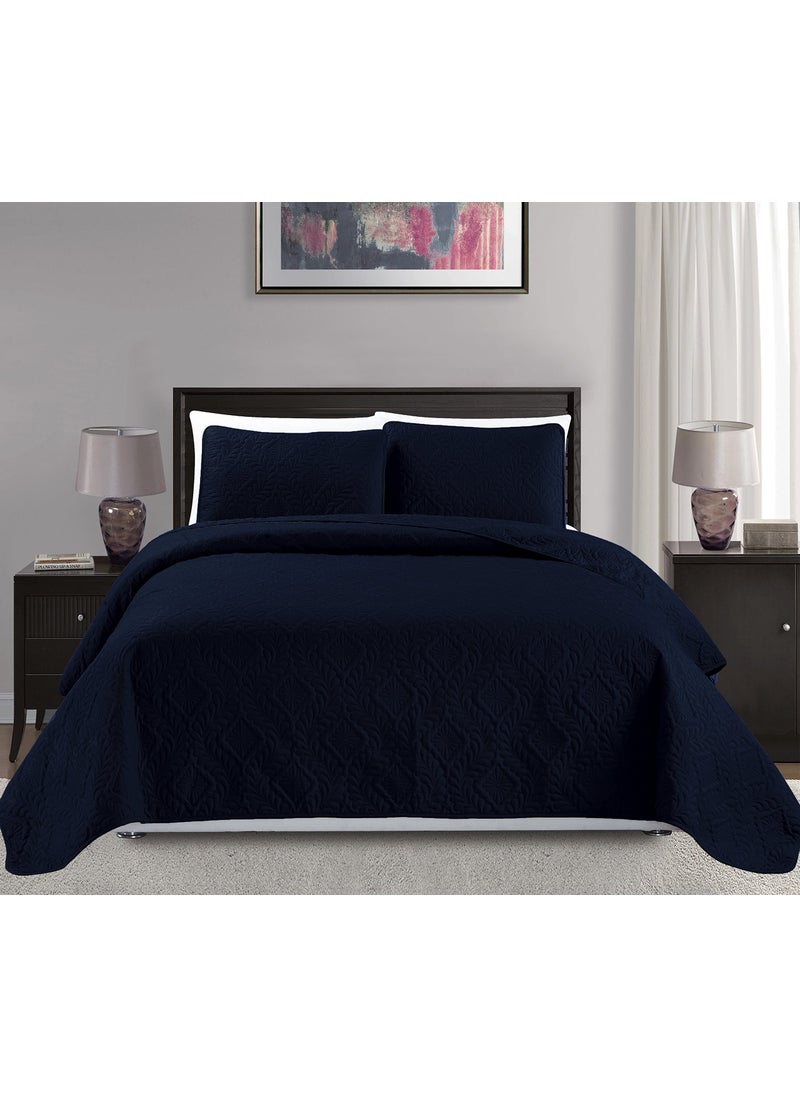 MK Home Mk Collection 3pc FullQueen Over Size Diamond Bedspread Bed Cover Embossed Solid Navy Blue New 