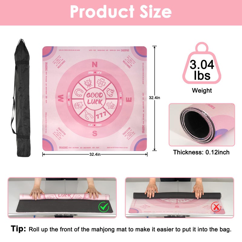 QUEENLINK Mahjong Mat for Table with Carrying Bag, 32.4" x 32.4" Non-Slip Neoprene Mahjong Mat with Rules, Noise-Reducing Gaming Mat for Mahjong, Poker, Cards, Board and Tile Games - Pink - Image 3