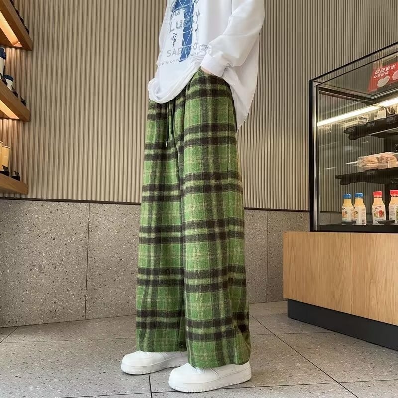 Retro Checkered Joggers Casual Loose Fit Men A922 Green  - Image 1
