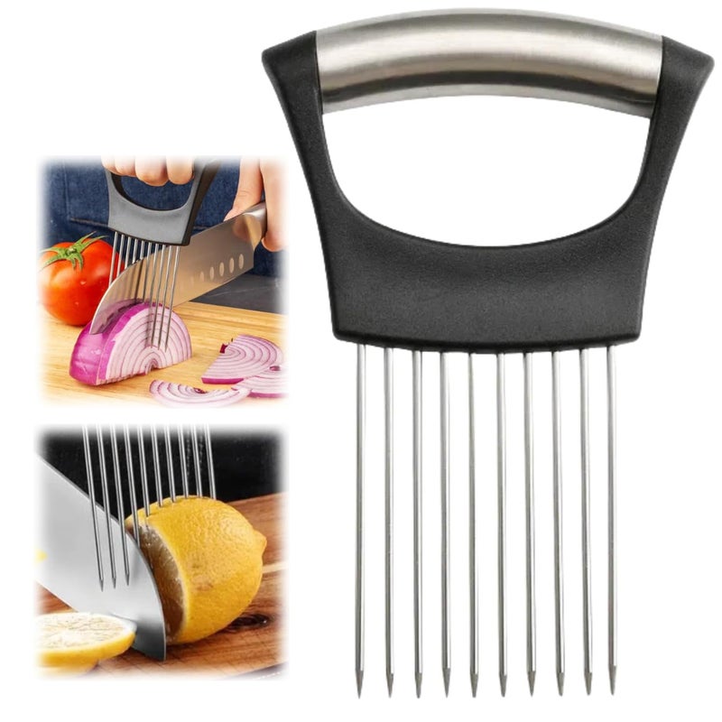 WARSPOT Onion Slicer, Stainless Steel Onion Holder for Slicing with Protective Case, Onion Cutter Tool for Meat Lemon Potato Tomato Avocado Egg Kitchen Slicing Assistant Tool (1 PCS) - Image 1
