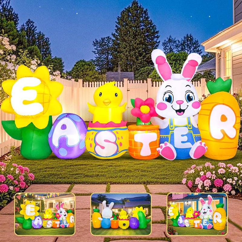 KOOY 8FT Long Easter Inflatables Bunny Outdoor Decorations with Egg Chick Carrot and Sunflower, Built-in LED Lights Easter Blow Up Yard Decorations for Lawn Garden Holiday Party - Image 2