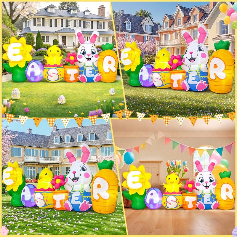 KOOY 8FT Long Easter Inflatables Bunny Outdoor Decorations with Egg Chick Carrot and Sunflower, Built-in LED Lights Easter Blow Up Yard Decorations for Lawn Garden Holiday Party - Image 5