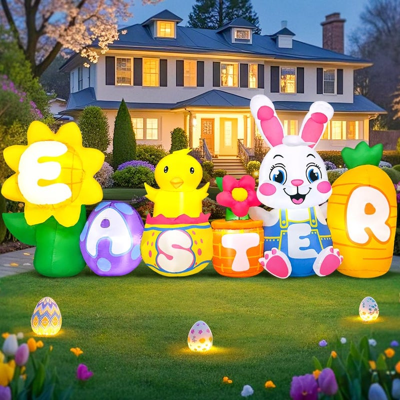 KOOY 8FT Long Easter Inflatables Bunny Outdoor Decorations with Egg Chick Carrot and Sunflower, Built-in LED Lights Easter Blow Up Yard Decorations for Lawn Garden Holiday Party - Image 1