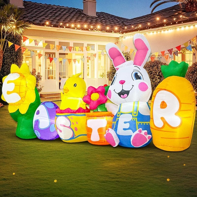 KOOY 8FT Long Easter Inflatables Bunny Outdoor Decorations with Egg Chick Carrot and Sunflower, Built-in LED Lights Easter Blow Up Yard Decorations for Lawn Garden Holiday Party - Image 3