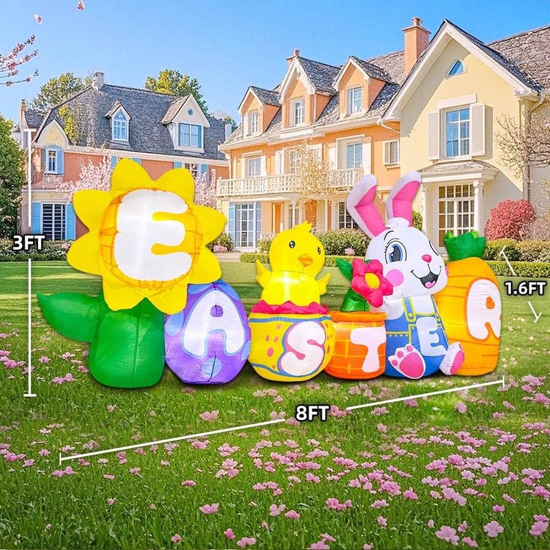 KOOY 8FT Long Easter Inflatables Bunny Outdoor Decorations with Egg Chick Carrot and Sunflower, Built-in LED Lights Easter Blow Up Yard Decorations for Lawn Garden Holiday Party - Image 4