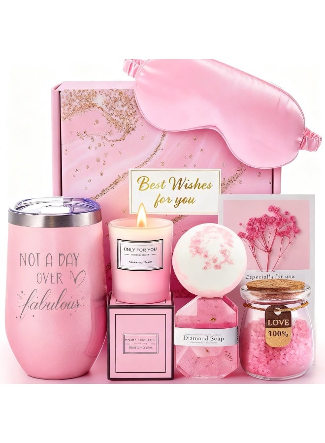 JAYATO Relaxing Spa Treatment Package of Gift Items for Ladies Women Girls Birthday Celebration Creative Festival Gift  Caffee Cup with Candle Bath Bomb Eye Mask Soap Bath Salt  Gift Card and Gift Box  Pink - Image 1