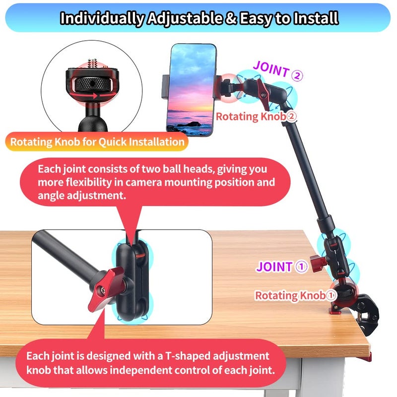 JEBUTU 13"/34cm Magic Arm w Clamp, Camera Mount & Clamp w 1/4" 3/8" Threads and Articulating Friction Magic Arm, Overhead Phone Mount, Camera Boom Arm Mount for Light Webcam Mic Action Camera Monitor - Image 3