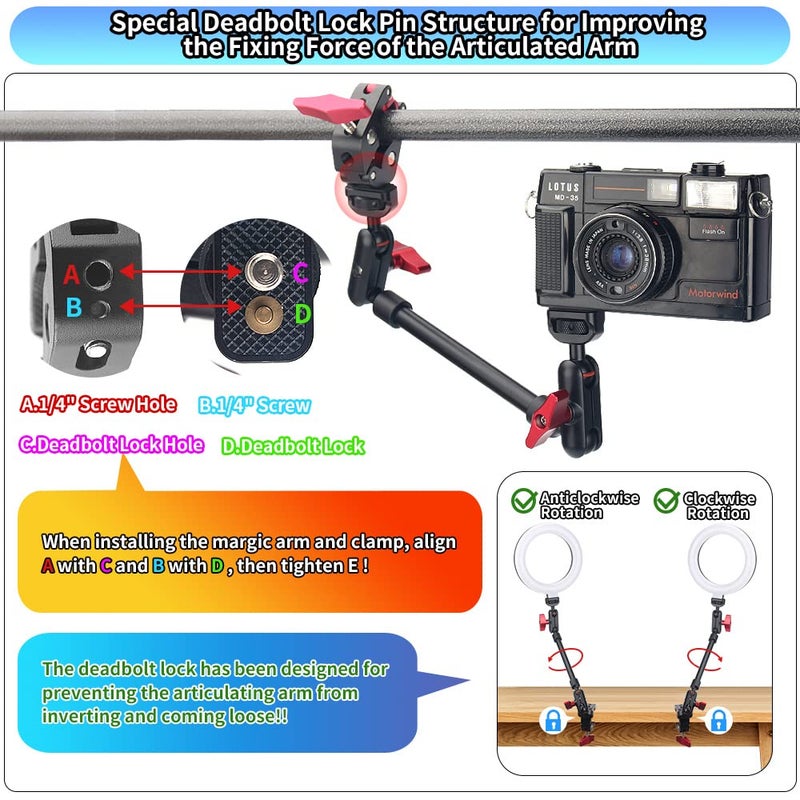 JEBUTU 13"/34cm Magic Arm w Clamp, Camera Mount & Clamp w 1/4" 3/8" Threads and Articulating Friction Magic Arm, Overhead Phone Mount, Camera Boom Arm Mount for Light Webcam Mic Action Camera Monitor - Image 2