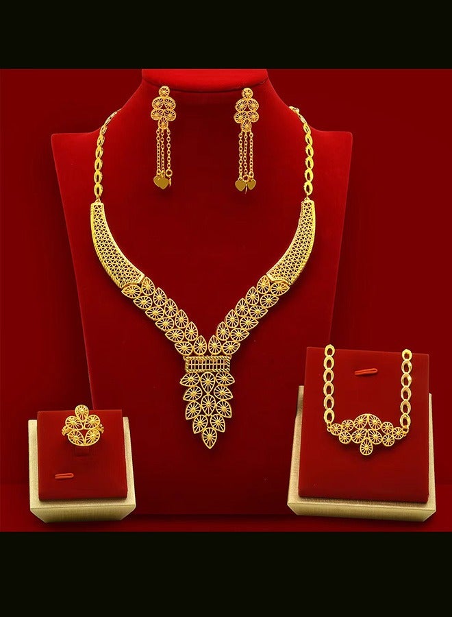 24k Gold-Plated Arabian Bride Necklace Earrings Ring Bracelet 4-Piece Jewelry Set  - Image 1