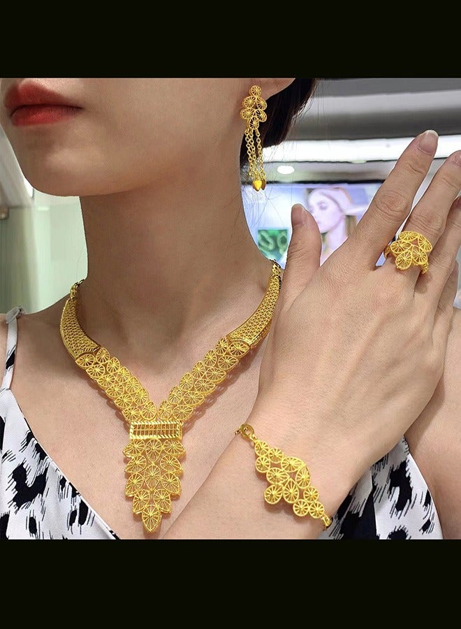 24k Gold-Plated Arabian Bride Necklace Earrings Ring Bracelet 4-Piece Jewelry Set  - Image 2