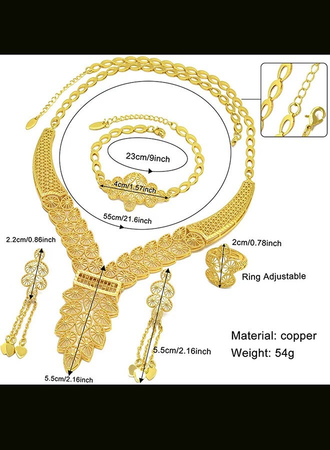 24k Gold-Plated Arabian Bride Necklace Earrings Ring Bracelet 4-Piece Jewelry Set  - Image 3