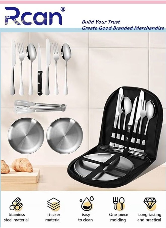 Rcan - Camping Silverware Kit 10 Piece Kitchen Silverware Kit With Portable Storage Bag 2 Person Stainless Steel Dinnerware Set For Camp Kitchen BBQ - Image 1