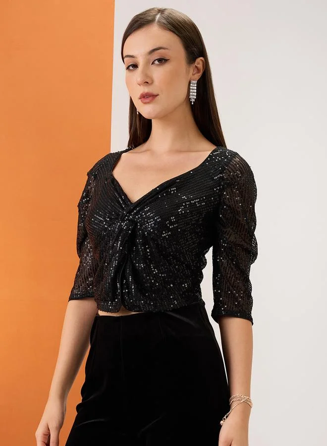 globus Globus Black Twisted Detail Sequined Party Crop Top