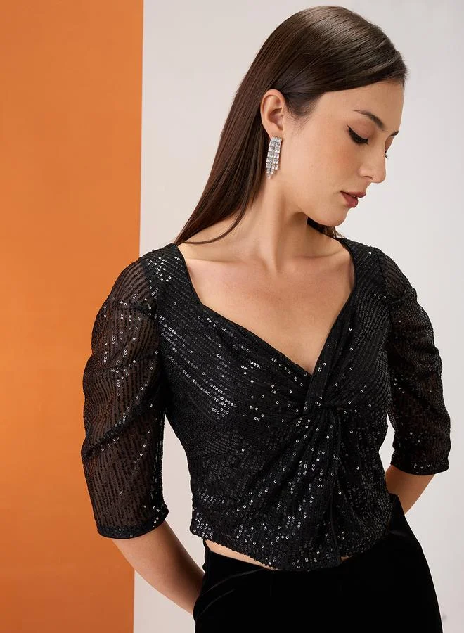 globus Globus Black Twisted Detail Sequined Party Crop Top