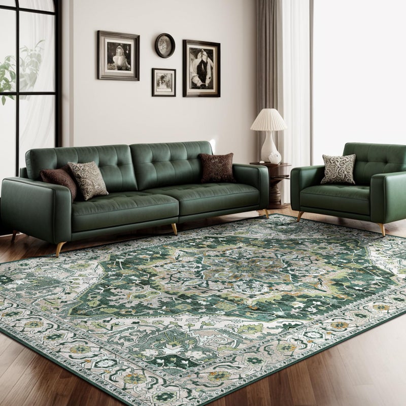 Deerly Green Vintage Area Rug 5x7 Boho Washable Large Living Room Bedroom Rugs Non Slip Low Pile 5x7 Rug for Kitchen Entryway Bedroom Dining Room Office, Green/Multi - Image 1