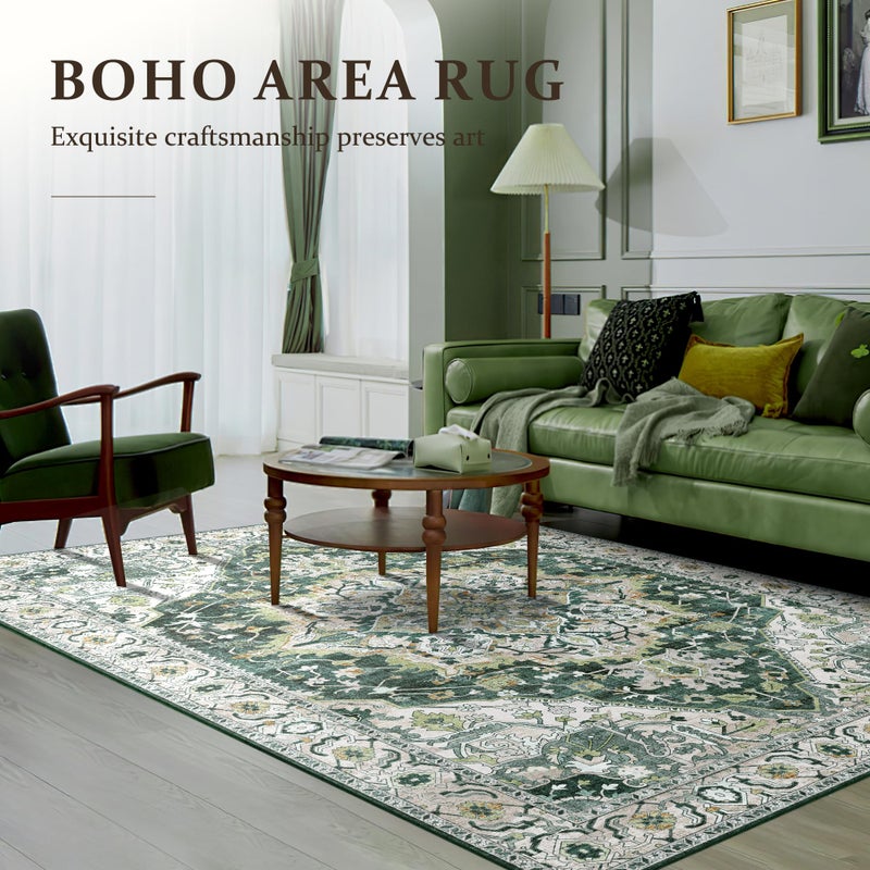 Deerly Green Vintage Area Rug 5x7 Boho Washable Large Living Room Bedroom Rugs Non Slip Low Pile 5x7 Rug for Kitchen Entryway Bedroom Dining Room Office, Green/Multi - Image 3