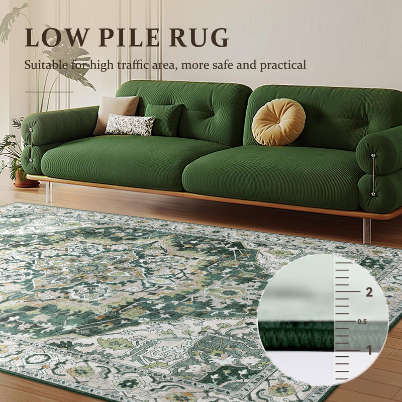Deerly Green Vintage Area Rug 5x7 Boho Washable Large Living Room Bedroom Rugs Non Slip Low Pile 5x7 Rug for Kitchen Entryway Bedroom Dining Room Office, Green/Multi - Image 5