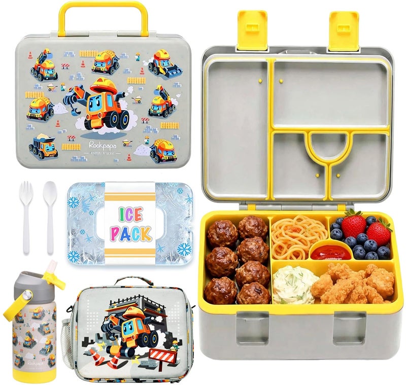 rockpapa 5 Compartment Bento Lunch Box with Ice Pack for Kids with Uensils & Insulated Water Bottle & Lunch Bag, BPA-Free Lunch Containers Set for School Boys Girls Ages 3+ (Grey Constr Trucks) - Image 1
