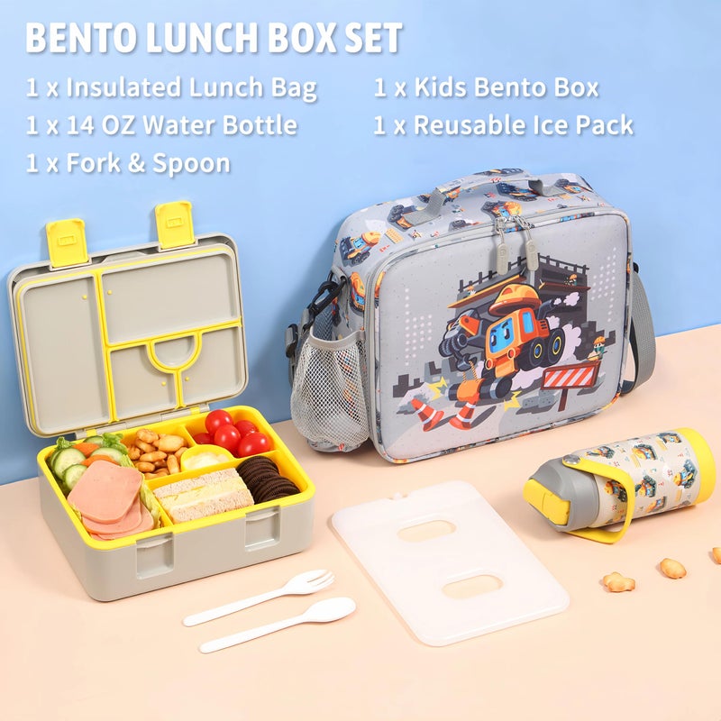 rockpapa 5 Compartment Bento Lunch Box with Ice Pack for Kids with Uensils & Insulated Water Bottle & Lunch Bag, BPA-Free Lunch Containers Set for School Boys Girls Ages 3+ (Grey Constr Trucks) - Image 4
