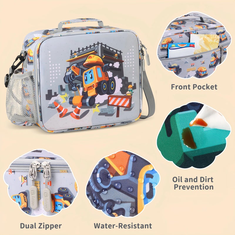 rockpapa 5 Compartment Bento Lunch Box with Ice Pack for Kids with Uensils & Insulated Water Bottle & Lunch Bag, BPA-Free Lunch Containers Set for School Boys Girls Ages 3+ (Grey Constr Trucks) - Image 5