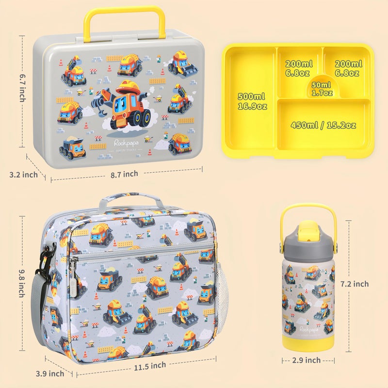 rockpapa 5 Compartment Bento Lunch Box with Ice Pack for Kids with Uensils & Insulated Water Bottle & Lunch Bag, BPA-Free Lunch Containers Set for School Boys Girls Ages 3+ (Grey Constr Trucks) - Image 2