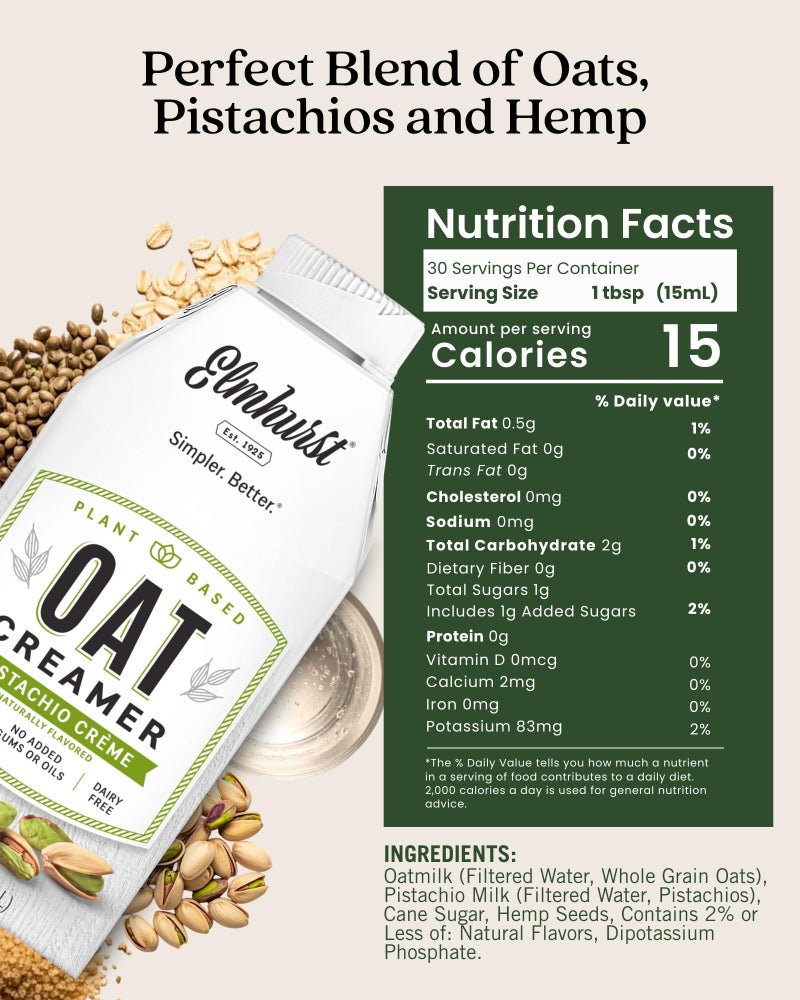 Elmhurst 1925 Pistachio Crème Oat Creamer - 16 Ounce (Pack of 6) Dairy-Free, Vegan, Kosher, Low Sugar, Shelf Stable Creamer Made with Oat Grains & Pistachios for Simpler Plant Based Alternatives - Image 2
