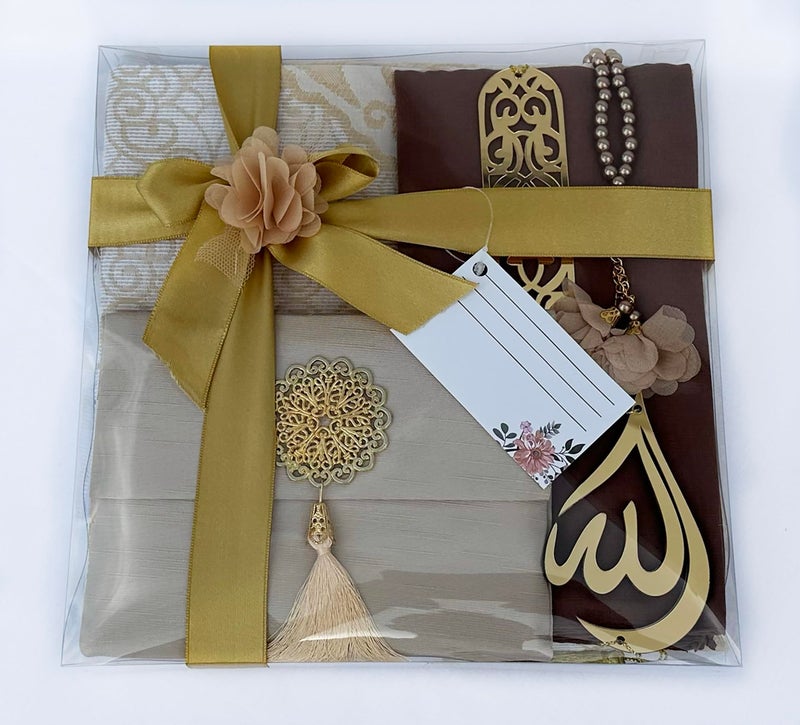SAIKA Muslim Prayer Rug  7 in One Gift Set  Prayer Mat Surah Book  Tasbeeh  Scarf  Surah Case  Bookmark  Car Mirror Hanger  Prayer Beads Islamic Gift for Umrah  Hajj  Wedding  Janamaz (GOLD) - Image 4