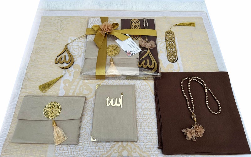 SAIKA Muslim Prayer Rug  7 in One Gift Set  Prayer Mat Surah Book  Tasbeeh  Scarf  Surah Case  Bookmark  Car Mirror Hanger  Prayer Beads Islamic Gift for Umrah  Hajj  Wedding  Janamaz (GOLD) - Image 5