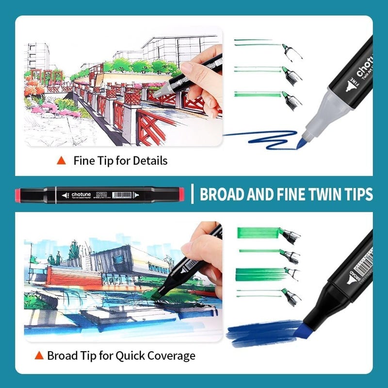 24 Colours Dual Tip Art Markers Sketch Pens With Carrying Case For Painting Sketching Calligraphy Drawing Odourless & Non-Toxic Twin Head Permanent Colouring Marker Kids Adult Beginners - Image 2