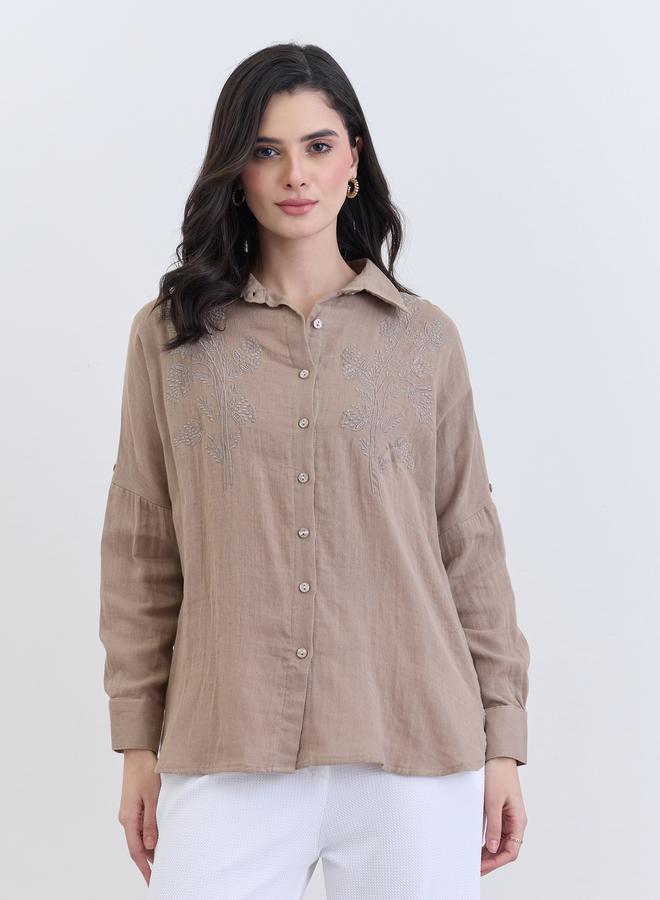 ستايلي قميص قطن واسع مطرز - Image 3