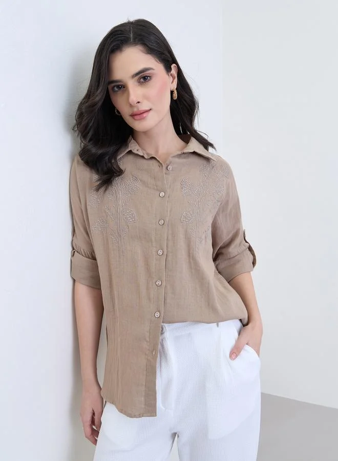 ستايلي قميص قطن واسع مطرز