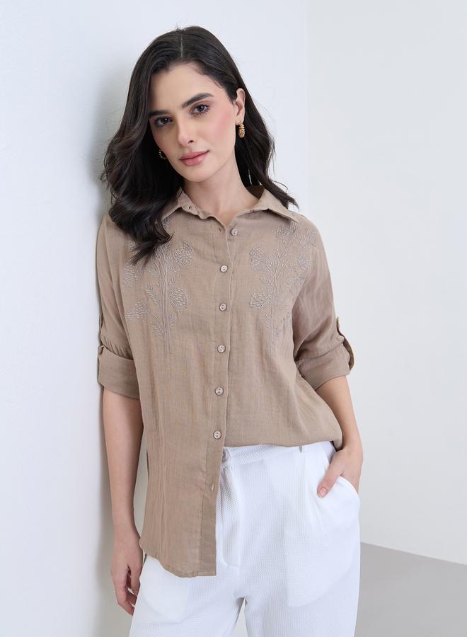 ستايلي قميص قطن واسع مطرز - Image 1
