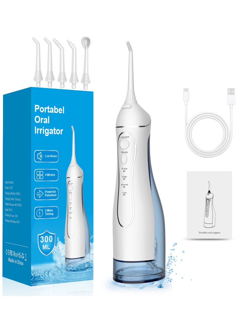 DIGI CORE Water Dental Flosser Portable Oral Irrigator, 300ML Rechargeable Cordless Teeth Cleaner with 4 Modes & 5 Jet Tips, 2000mAh Battery, Type-C Fast Charging, IPX7 Waterproof, 2-Min Timing & Low-Noise Water Flosser For Teeth Design for Home & Travel White - Image 1