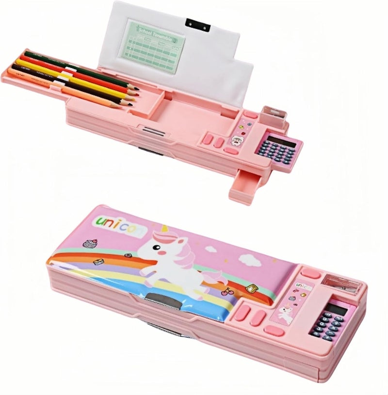 JDLYEVER Pop Up Multifunction Pencil Case, Built-in Sharpener and Calculator, Double-Sided Magnetic Closure, School Timetable, Fun Mechanism for Hidden Storage, Pen Holder, 26 * 3.5 * 9.5cm (pink) - Image 1