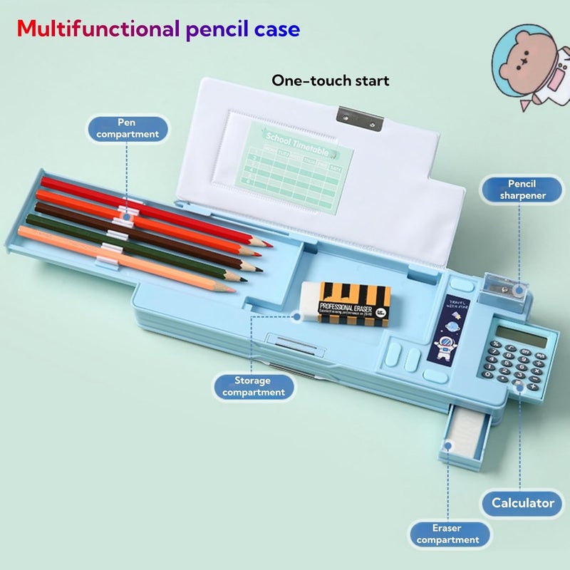 JDLYEVER Pop Up Multifunction Pencil Case, Built-in Sharpener and Calculator, Double-Sided Magnetic Closure, School Timetable, Fun Mechanism for Hidden Storage, Pen Holder, 26 * 3.5 * 9.5cm (pink) - Image 3