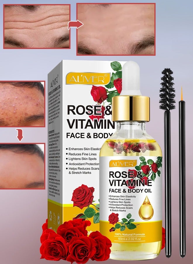 ALIVER زيت الوجه والجسم بالورد وفيتامين E 60 مل 100% طبيعي عضوي زيت وجه وجسم الورد تقليل الخطوط الدقيقة تفتيح بقع الجلد مضاد للأكسدة تقليل الندوب وعلامات التمدد تغذية البشرة ومكافحة الشيخوخة - Image 1