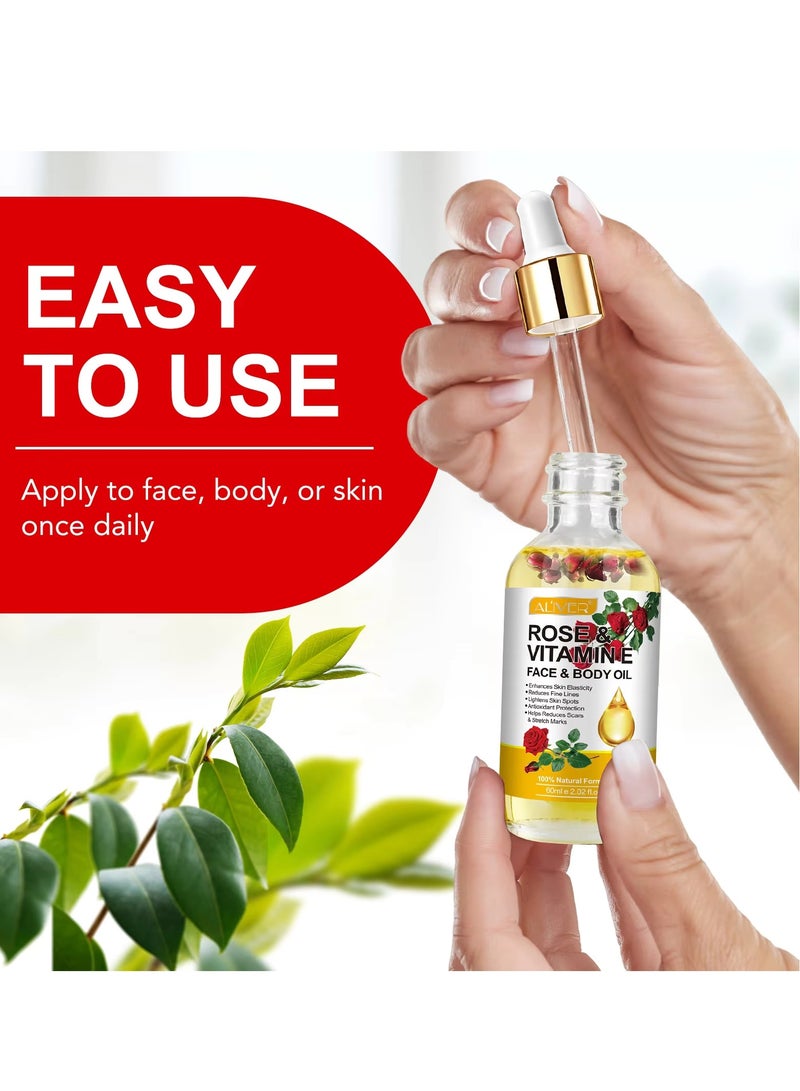 ALIVER زيت الوجه والجسم بالورد وفيتامين E 60 مل 100% طبيعي عضوي زيت وجه وجسم الورد تقليل الخطوط الدقيقة تفتيح بقع الجلد مضاد للأكسدة تقليل الندوب وعلامات التمدد تغذية البشرة ومكافحة الشيخوخة - Image 4