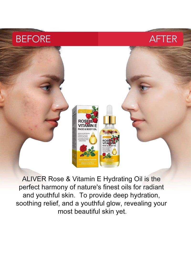 ALIVER زيت الوجه والجسم بالورد وفيتامين E 60 مل 100% طبيعي عضوي زيت وجه وجسم الورد تقليل الخطوط الدقيقة تفتيح بقع الجلد مضاد للأكسدة تقليل الندوب وعلامات التمدد تغذية البشرة ومكافحة الشيخوخة - Image 5