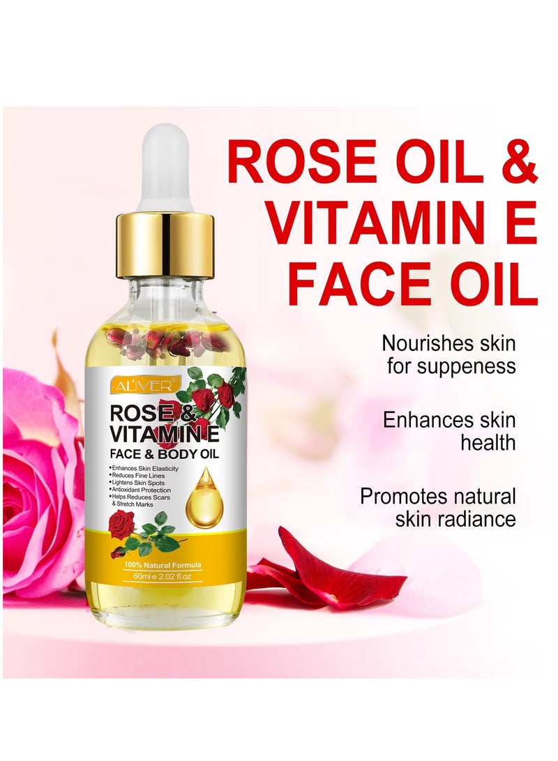 ALIVER زيت الوجه والجسم بالورد وفيتامين E 60 مل 100% طبيعي عضوي زيت وجه وجسم الورد تقليل الخطوط الدقيقة تفتيح بقع الجلد مضاد للأكسدة تقليل الندوب وعلامات التمدد تغذية البشرة ومكافحة الشيخوخة - Image 2