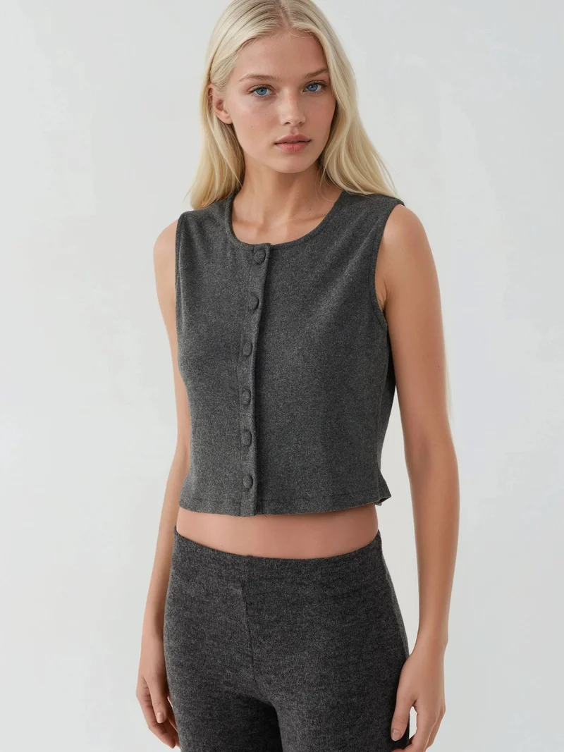 HICCUP Textured Crew Neck Sleeveless Waistcoat with Button Detail