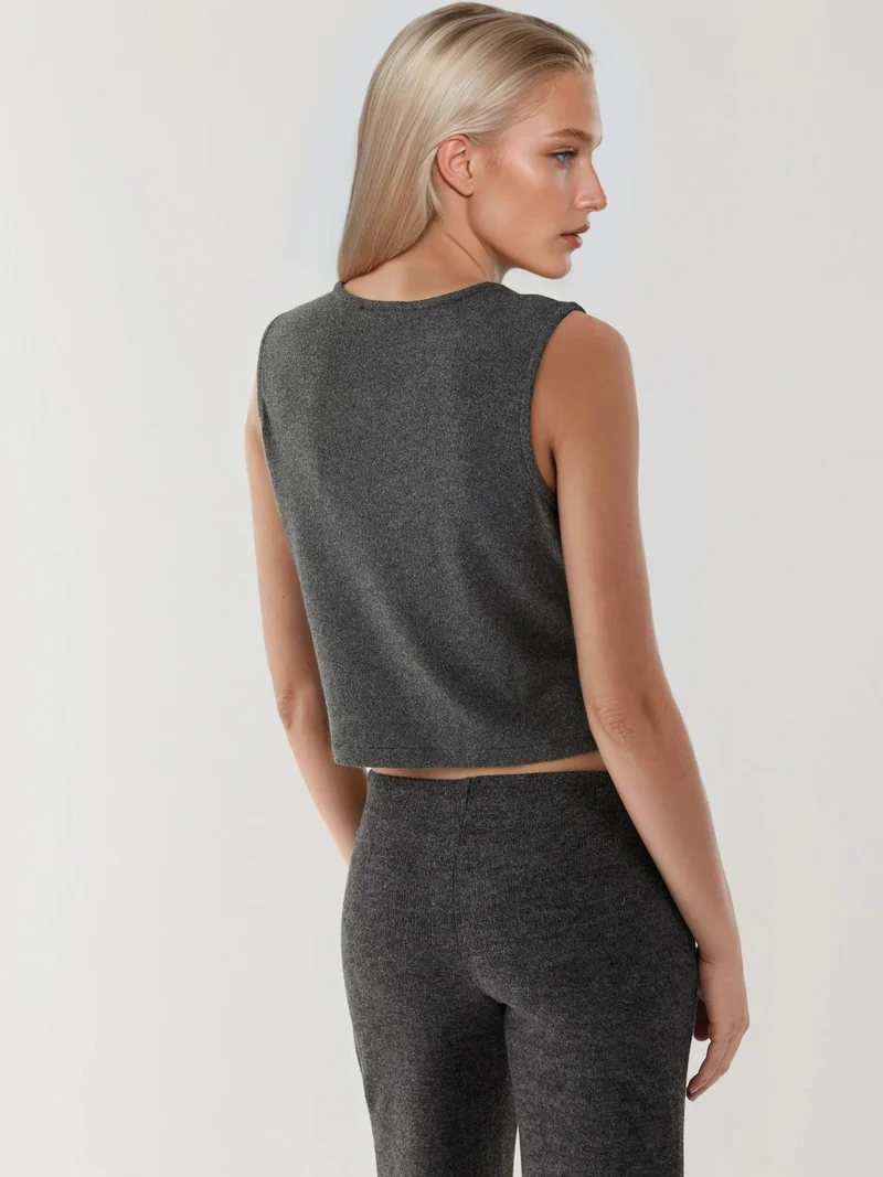HICCUP Textured Crew Neck Sleeveless Waistcoat with Button Detail