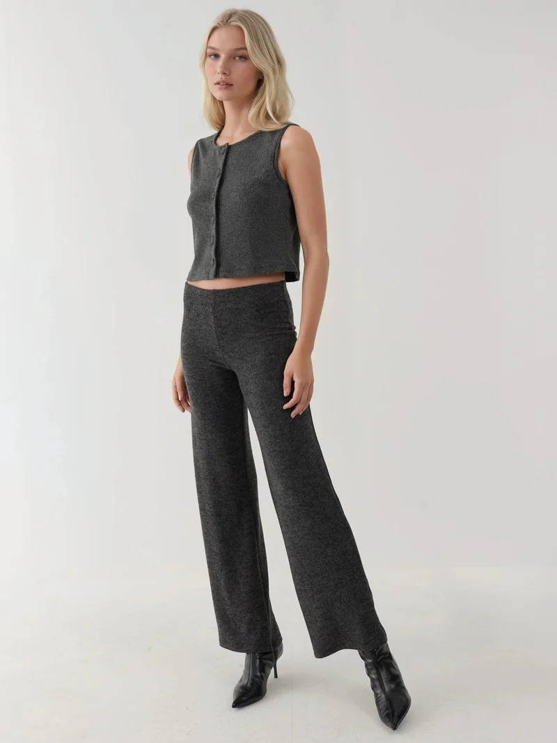 HICCUP Textured Crew Neck Sleeveless Waistcoat with Button Detail