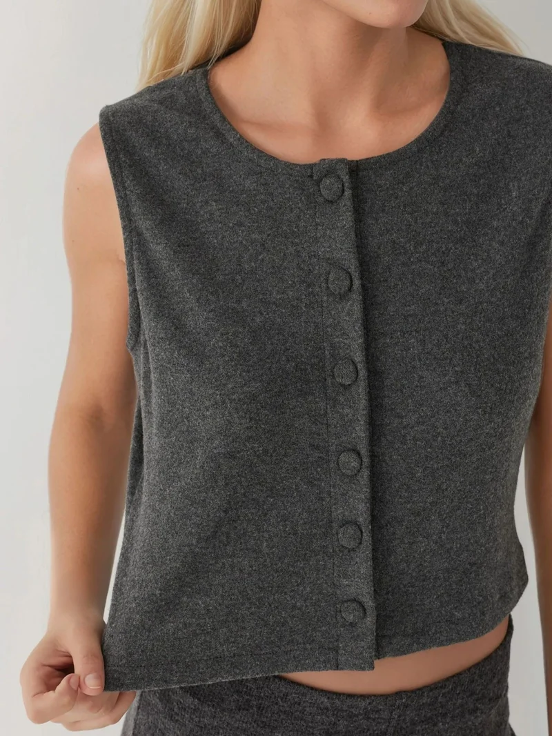 HICCUP Textured Crew Neck Sleeveless Waistcoat with Button Detail
