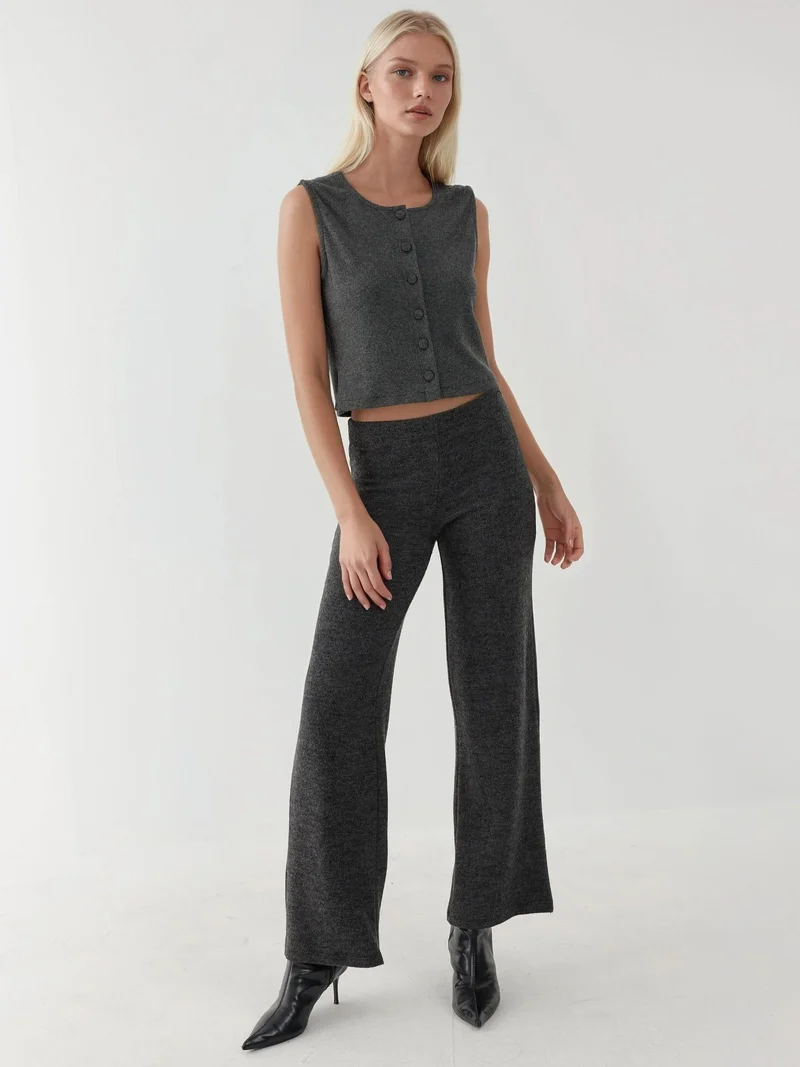 HICCUP Textured Crew Neck Sleeveless Waistcoat with Button Detail