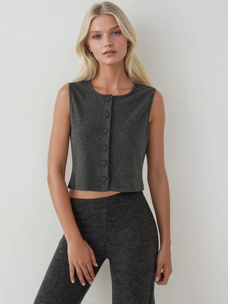 HICCUP Textured Crew Neck Sleeveless Waistcoat with Button Detail