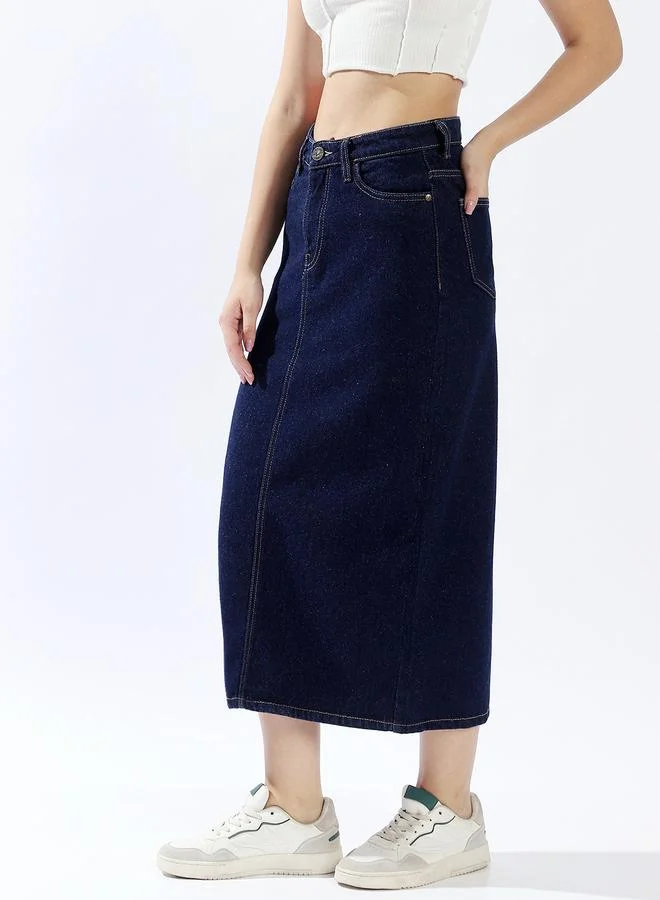 HIGH STAR Women High Rise A-Line Midi Denim Side Back Slit Cotton Skirt