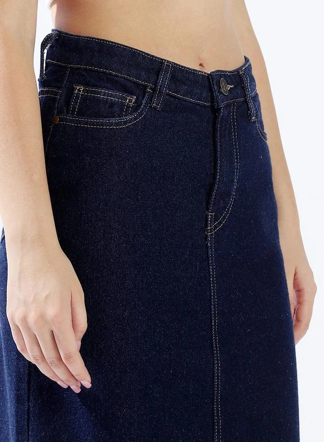 HIGH STAR Women High Rise A-Line Midi Denim Side Back Slit Cotton Skirt