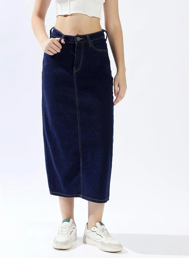HIGH STAR Women High Rise A-Line Midi Denim Side Back Slit Cotton Skirt