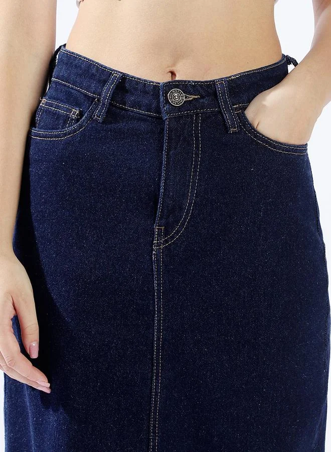 HIGH STAR Women High Rise A-Line Midi Denim Side Back Slit Cotton Skirt